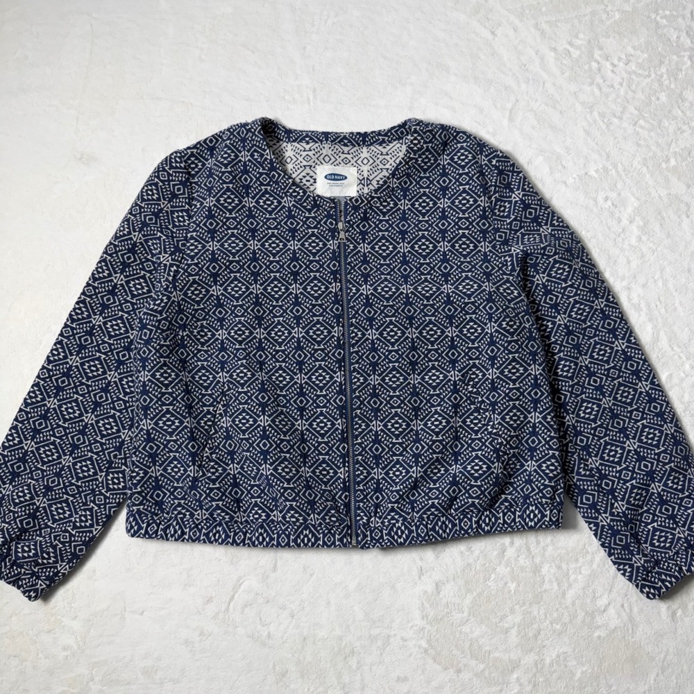 Old Navy Womens Size Large Jacquard Blue Aztec Print‎ And White Full Zip Jacket